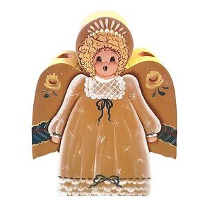 Hand Painted Angel Candle Holder Christmas Decor Singing Wood Vintage 1982 Choir